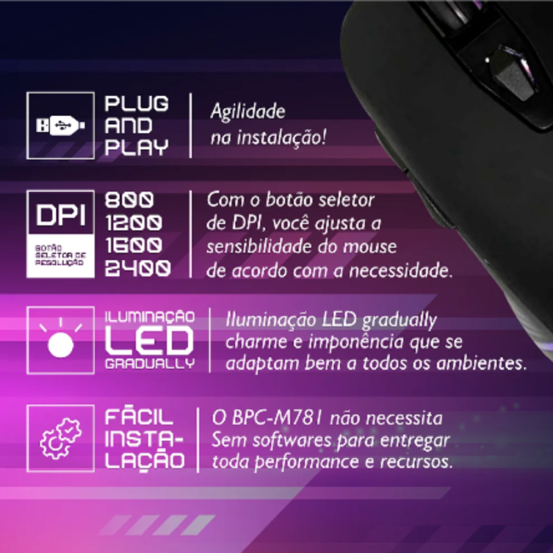 MOUSE USB GAMER BPC-M781 C/ ILUMINACAO LED GRADUAL (DPI:2400) - Image 6