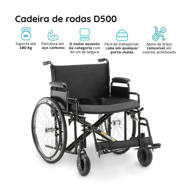 Cadeira de Rodas Dellamed D500 Dobrável 180Kg assento 62cm - Imagem 4