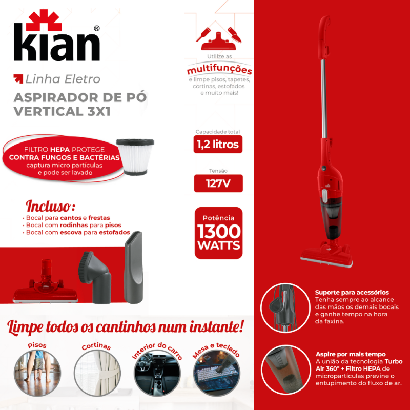 Aspirador de Pó Vertical 3 em 1 Kian Compacto AP-100 127V 1300W - Imagem 3