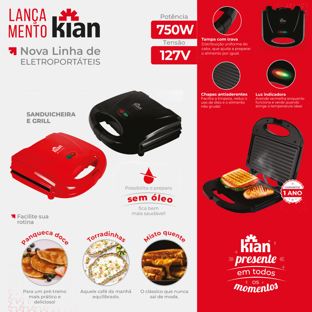 Sanduicheira Grill KIAN 127V Antiaderente 750W - Imagem 9