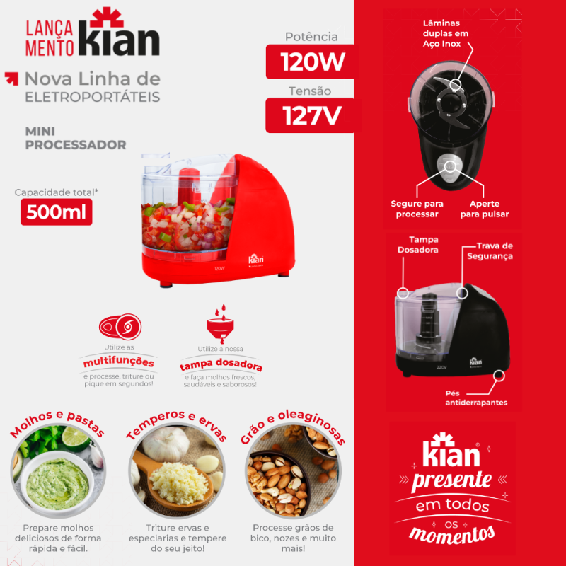 Mini Processador KIAN 120W Vermelho 500ML127V - Imagem 6