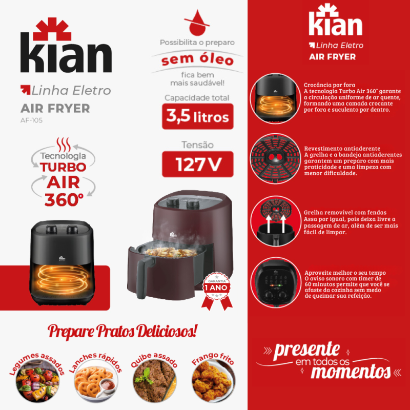 Fritadeira Elétrica Air Fryer KIAN AF105 127V 3,5L 1200W - Imagem 7